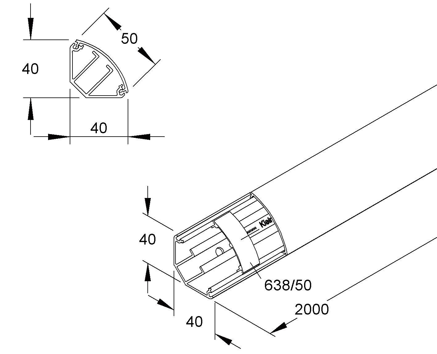 Eckkanal 40x50mm Kst rws L2000mm 700qmm RAL9010