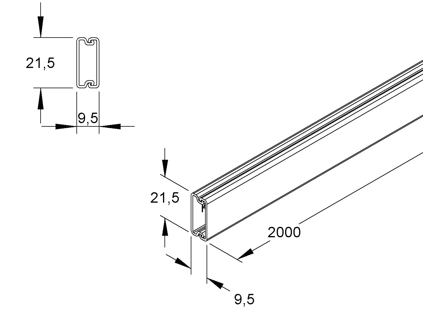 Leitungsführungskanal Kst LF-K unbeh 9,5x21,5x2000mm cws 100qmm RAL9001