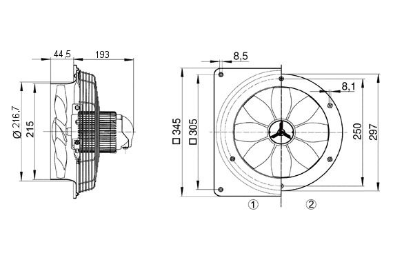Axial-Wandventilator Ø200mm 230V 2850Upm 1100cbm/h Be/Entlüft IP55 60°C 50Hz