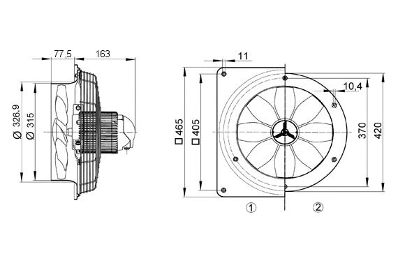 Axial-Wandventilator Ø300mm 230V 1425Upm 1850cbm/h Be/Entlüft IP55 60°C 50Hz
