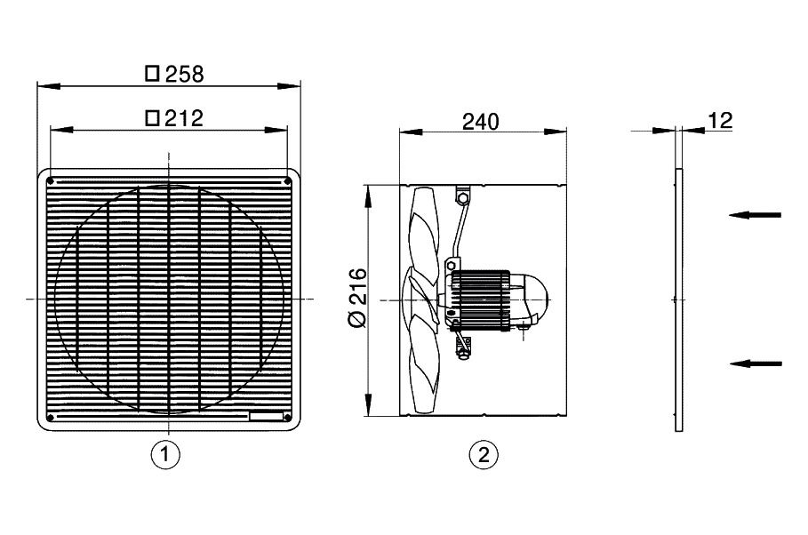 Axial-Wandventilator Ø200mm 230V 1380Upm 500cbm/h Entlüft IP54 60°C 50Hz