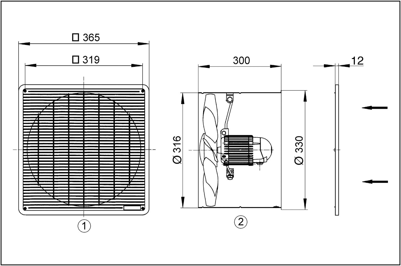 Axial-Wandventilator Ø300mm 230V 930Upm 1100cbm/h Be/Entlüft IP55 60°C 50Hz