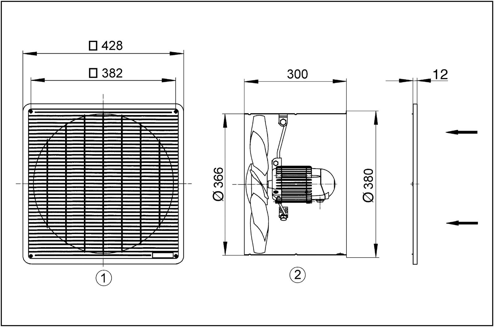 Axial-Wandventilator Ø350mm 400V 930Upm 1600cbm/h Be/Entlüft IP55 60°C 50Hz