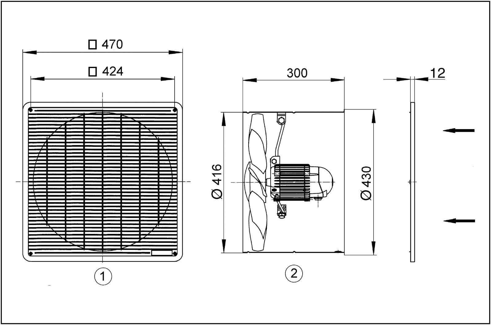 Axial-Wandventilator Ø400mm 230V 930Upm 2400cbm/h Be/Entlüft IP55 55°C 50Hz