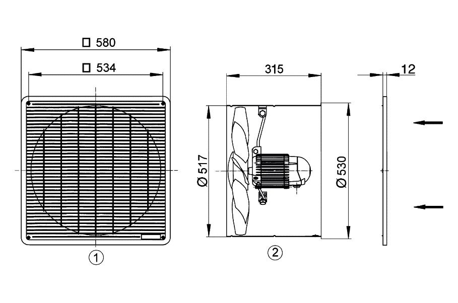 Axial-Wandventilator Ø500mm 400V 930Upm 5480cbm/h Be/Entlüft IP55 60°C 50Hz