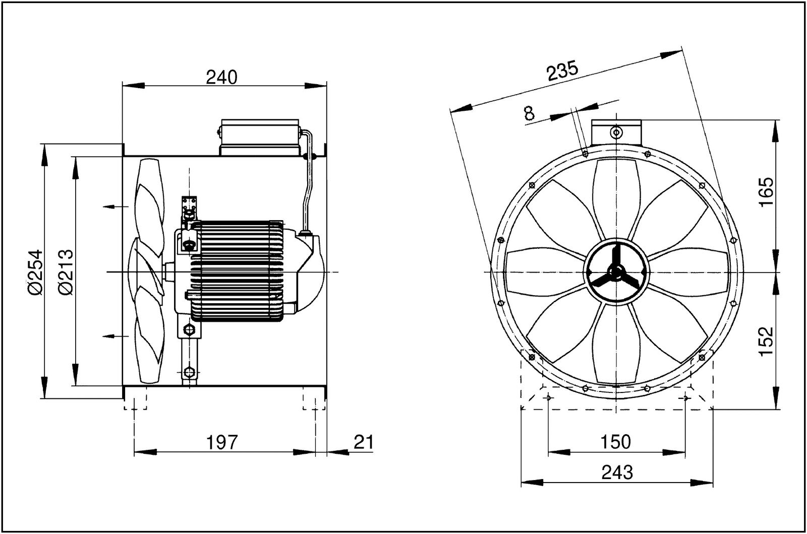 Rohrventilator Ø200mm 400V 1100cbm/h 0,075W VA 60°C