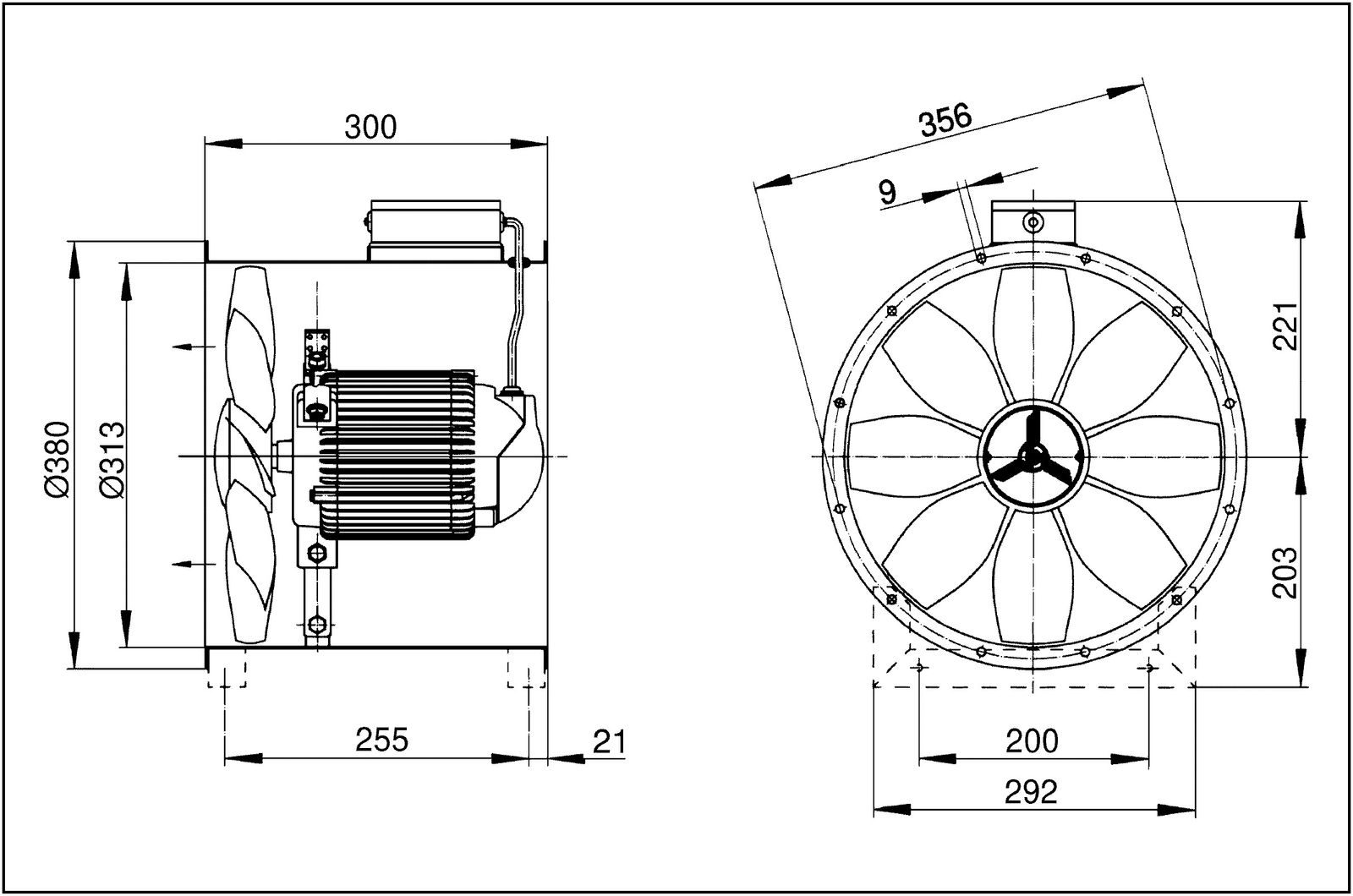 Rohrventilator Ø300mm 400V 1200cbm/h 0,07W VA 60°C