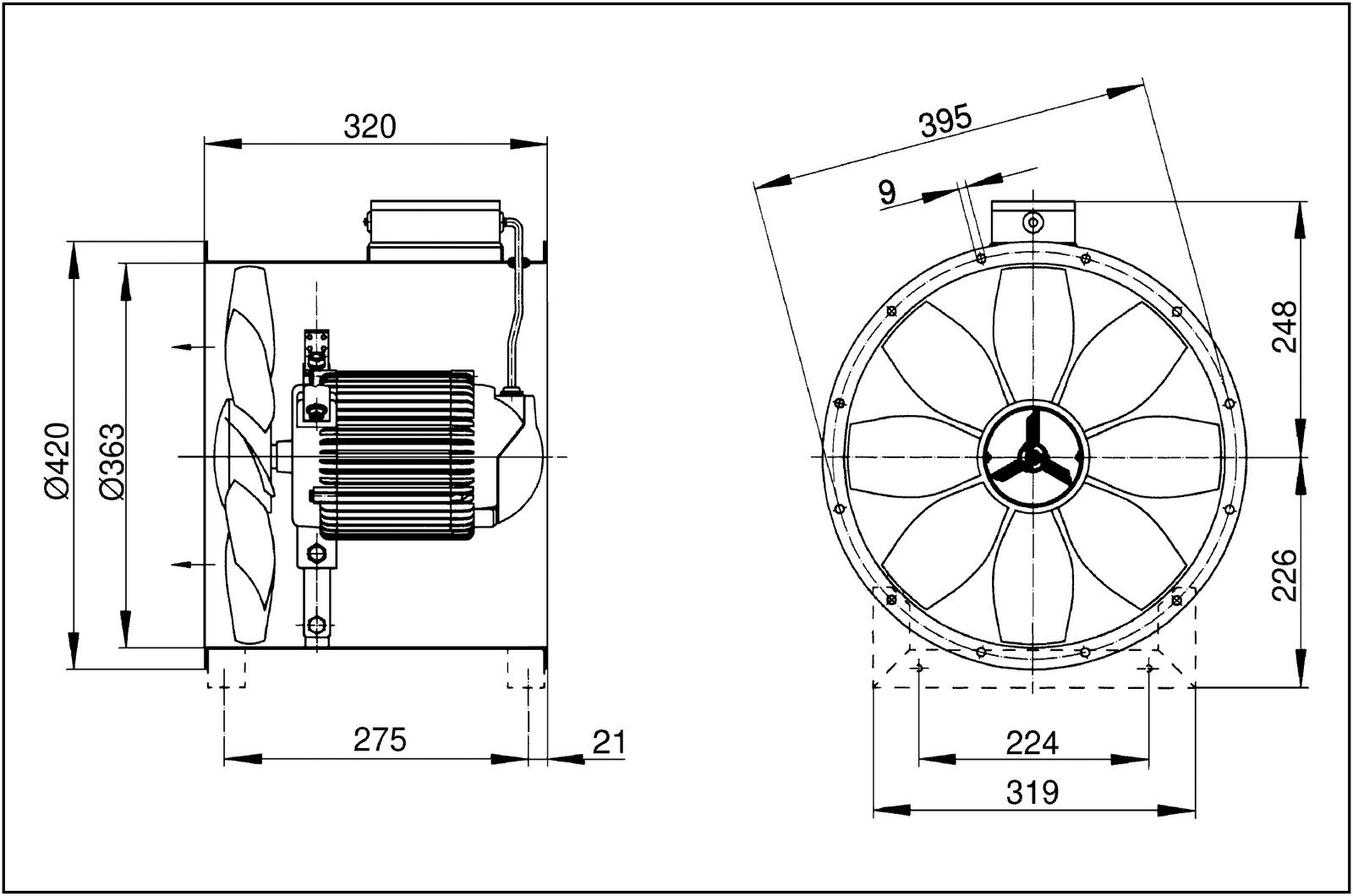 Rohrventilator Ø350mm 400V 2800cbm/h 0,12W VA 60°C