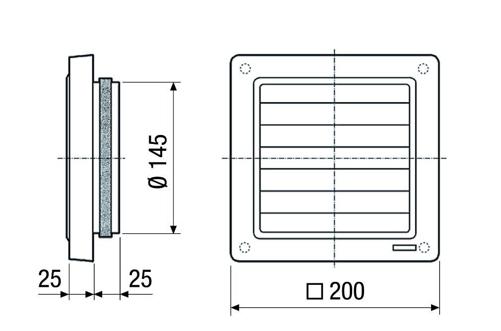Verschlussklappe Ø150mm 200x200mm Kst ws selbsttät Außenwand Entlüft