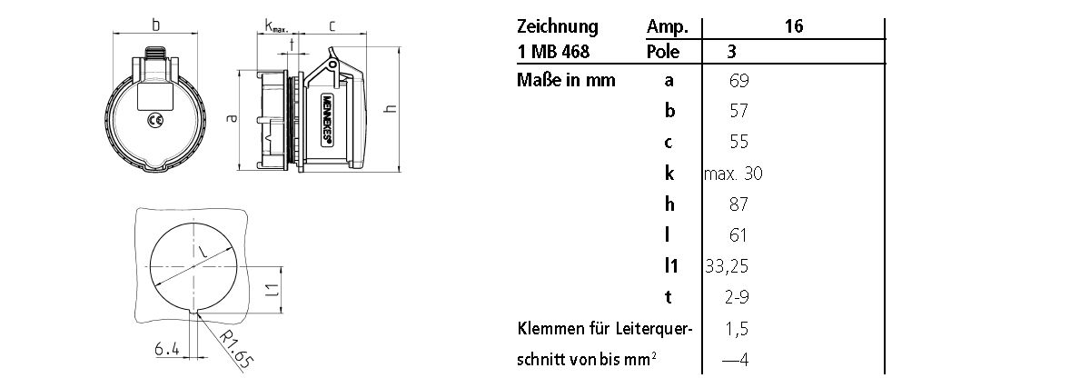 CEE-Anbausteckdose 3p 16A 230V/bl 6h ger IP44 schraubl.Kl Kst