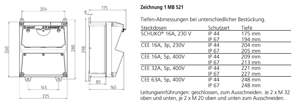 CEE-Kombi Kst gr IP44 AMAXX 1x32A5p400V 2Steckd LS-Schalter