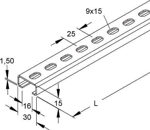 C-Profilschiene ST 2000x30x15mm 16mm D1,5mm Rück_gel