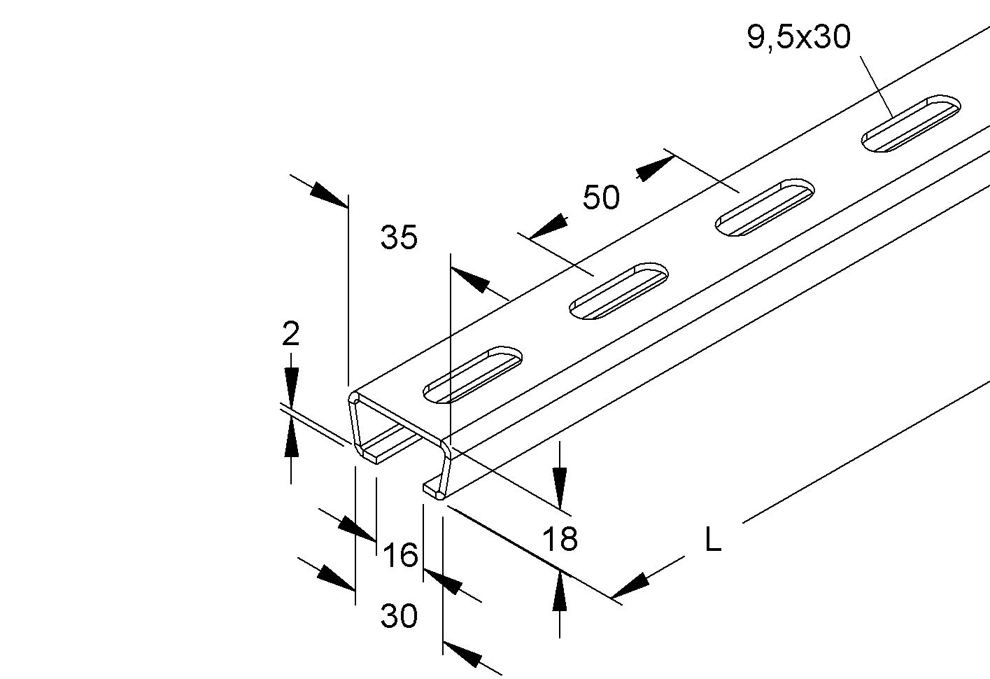 C-Profilschiene ST 2000x35x18mm 16mm D2mm Rück_gel
