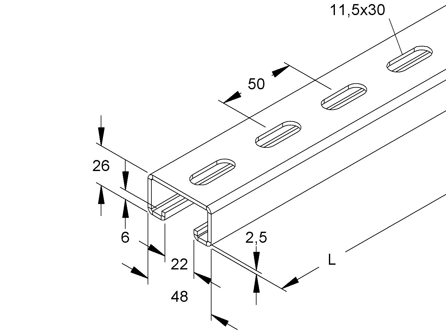 C-Profilschiene ST 3000x48x26mm 22mm D2,5mm Rück_gel