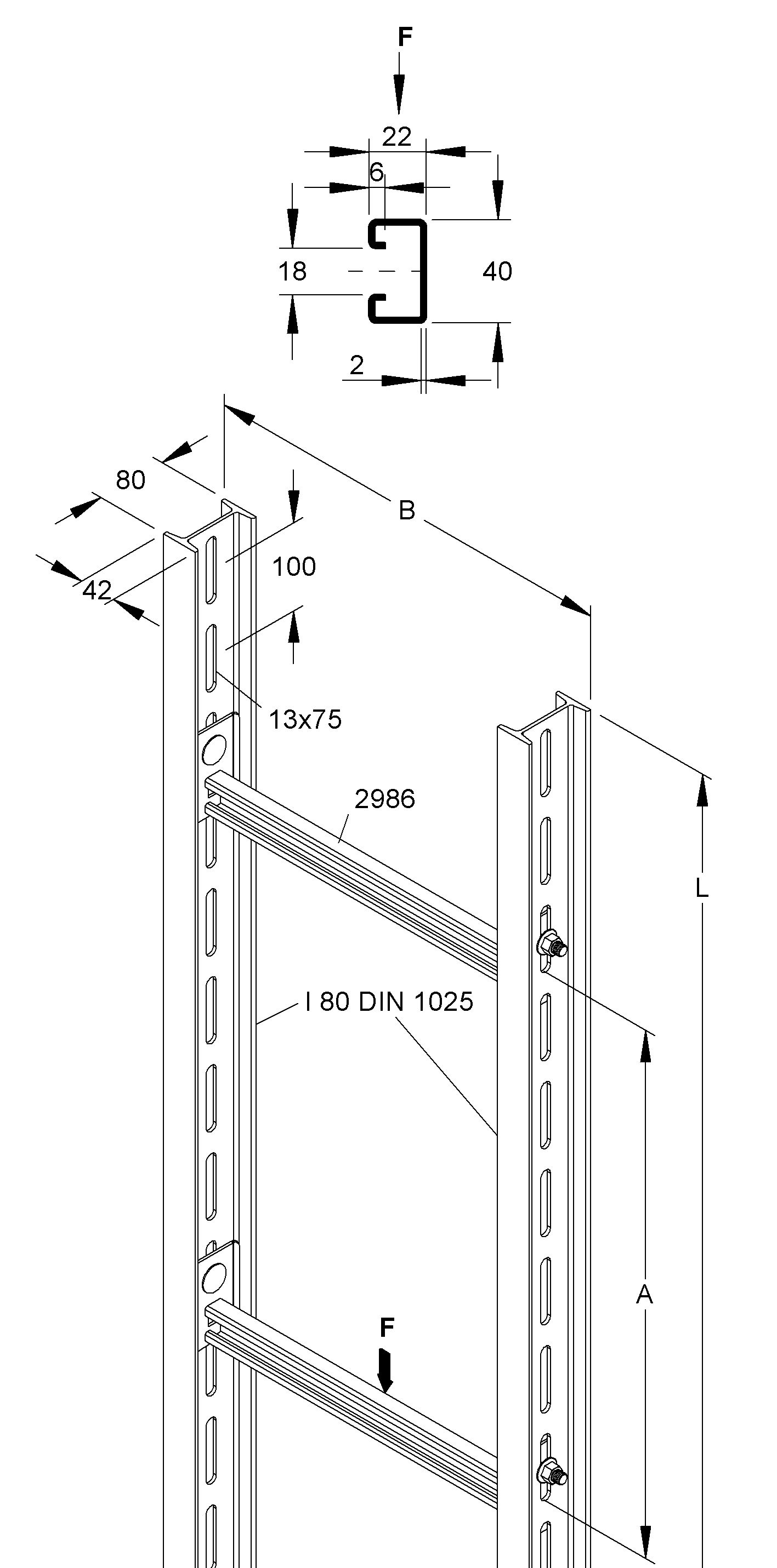 Kabelleiter f/vz+besch 80x680x6000mm Profil feuerverzinkt und beschichtet