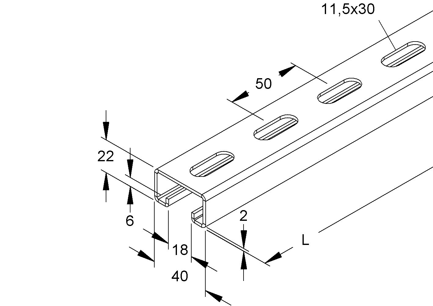 C-Profilschiene ST 3000x40x22mm 18mm D2mm Rück_gel
