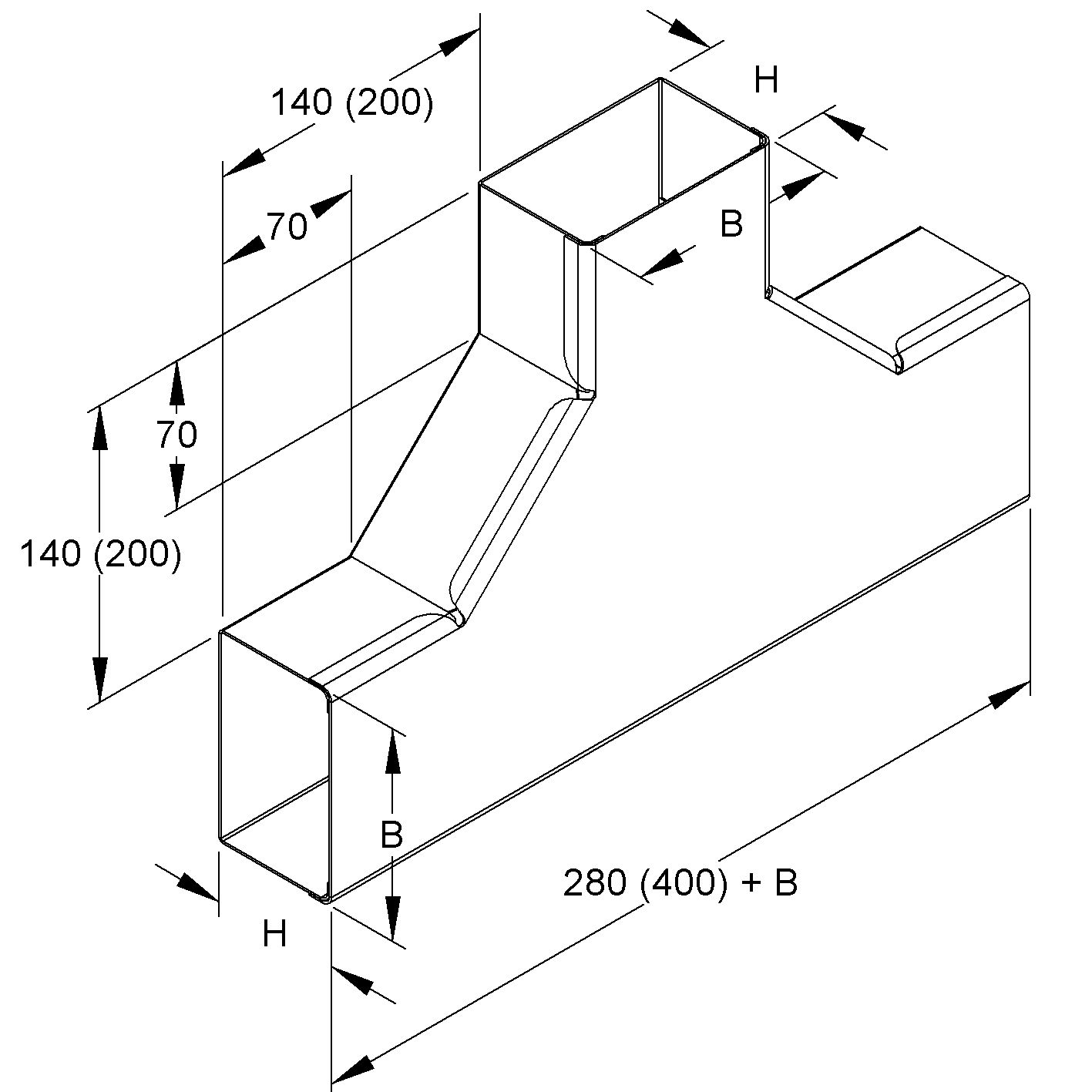 T-Stück LF-K 200x60mm UT/OT VA natur hfr unbeh