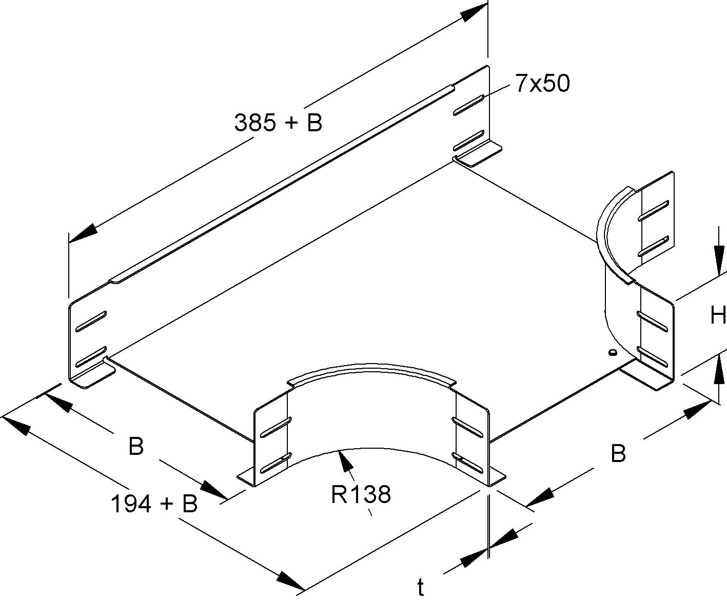 T-Stück Kabelrinne 110x100mm int.Verb vz horiz