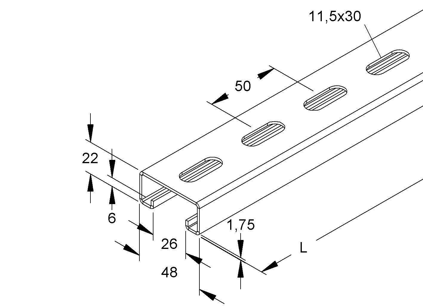 C-Profilschiene ST 6000x48x22mm 26mm D1,75mm Rück_gel