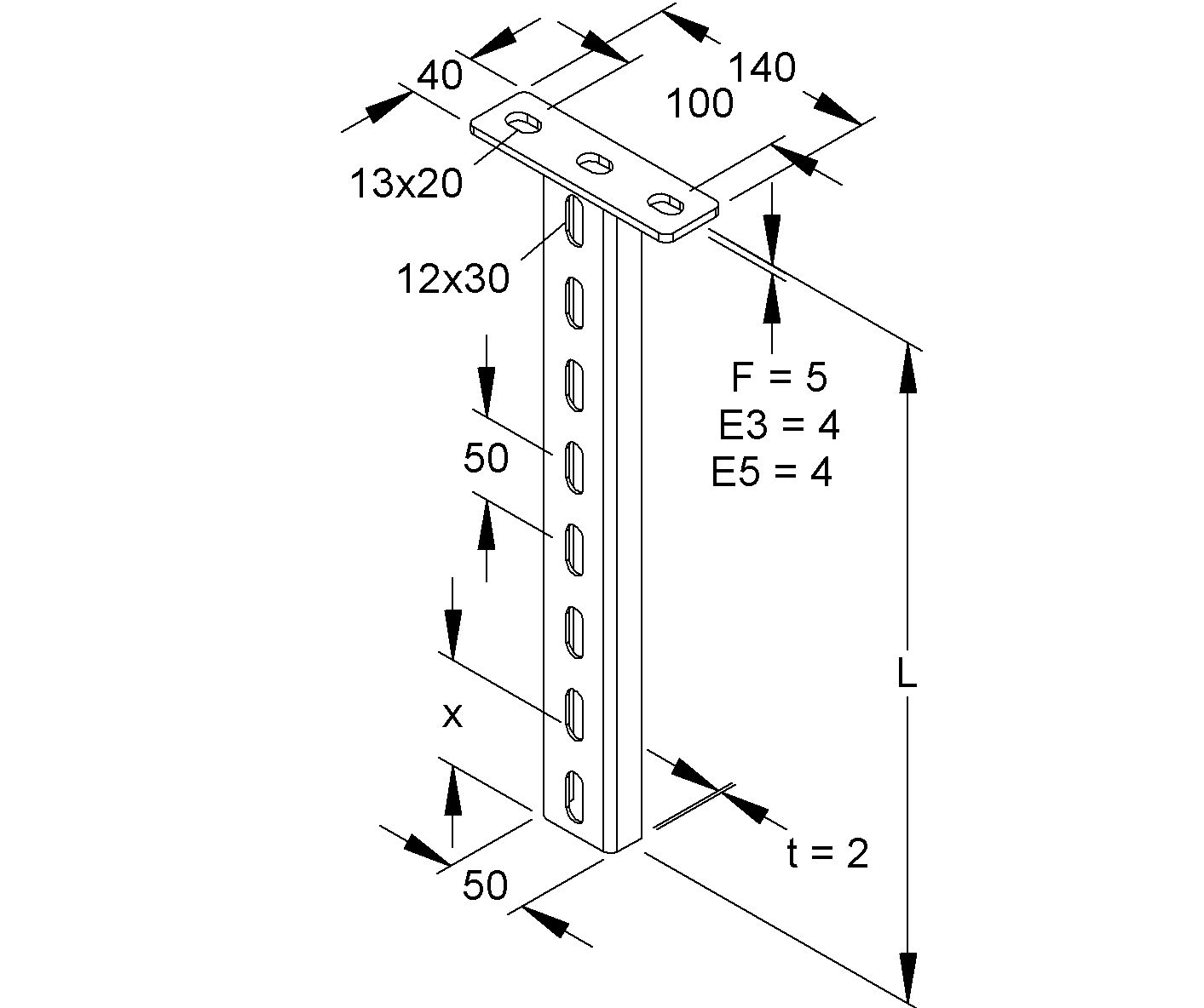 Hängestiel V2A 800mm U-Profil 2kN Edelstahl (V2A)
