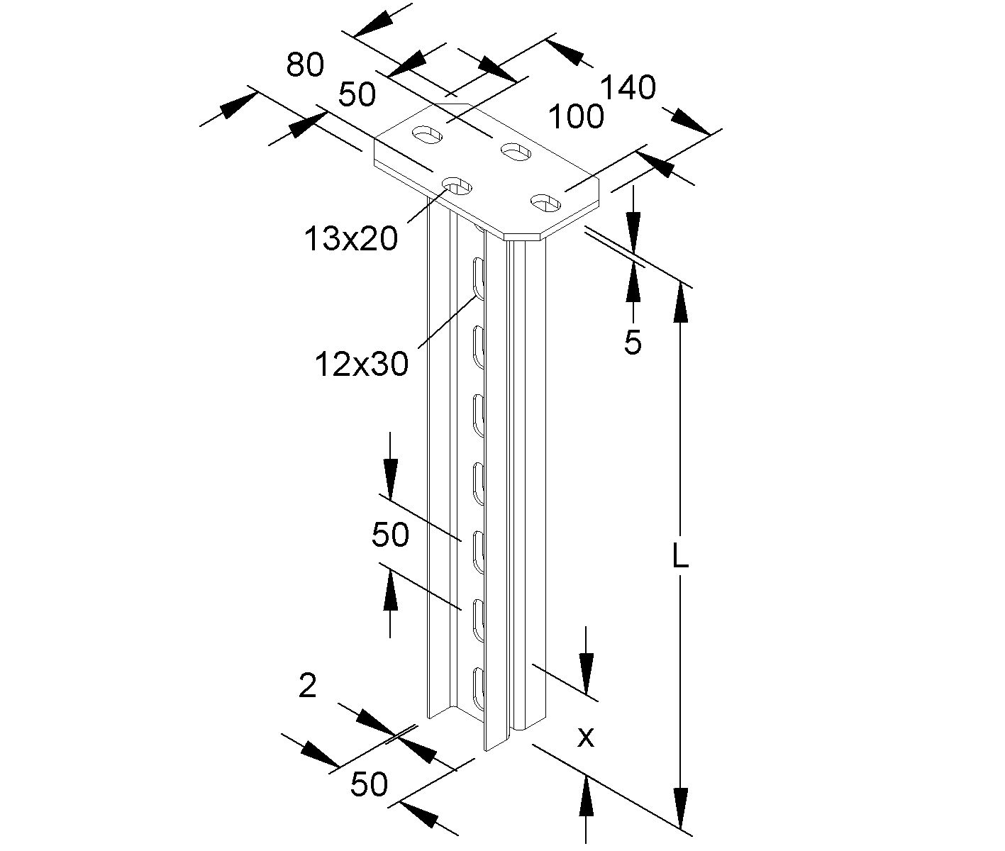 Hängestiel V2A 800mm U-Profil dplseit 4kN Edelstahl (V2A)