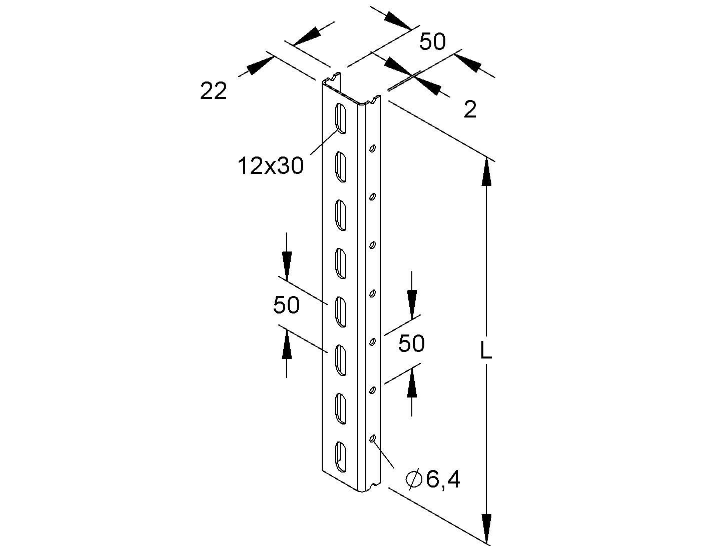 U-Profilschiene ST 700x22x50mm 30mm D2mm Steg_gel