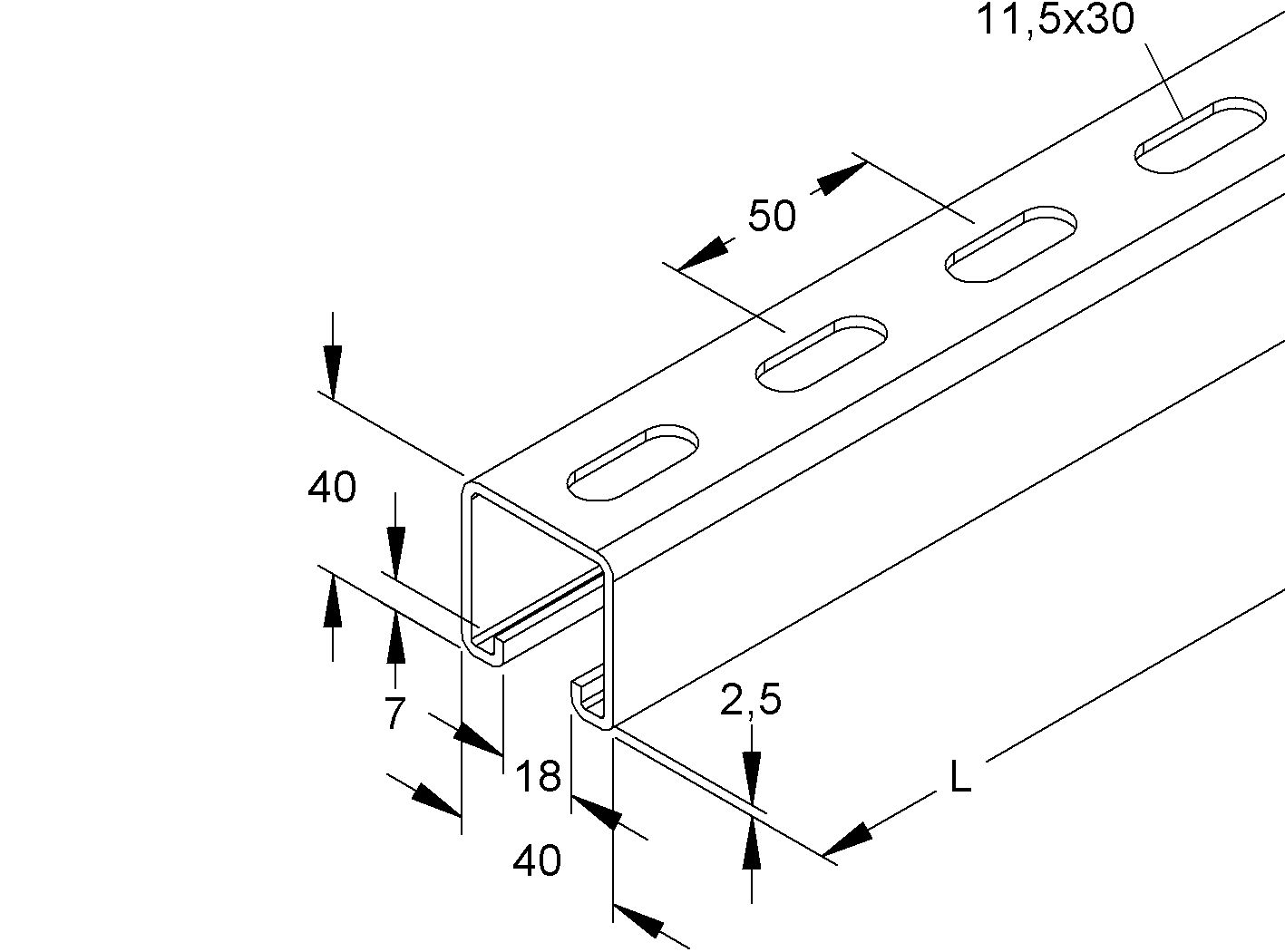C-Profilschiene ST 6000x40x40mm 18mm D2,5mm Rück_gel