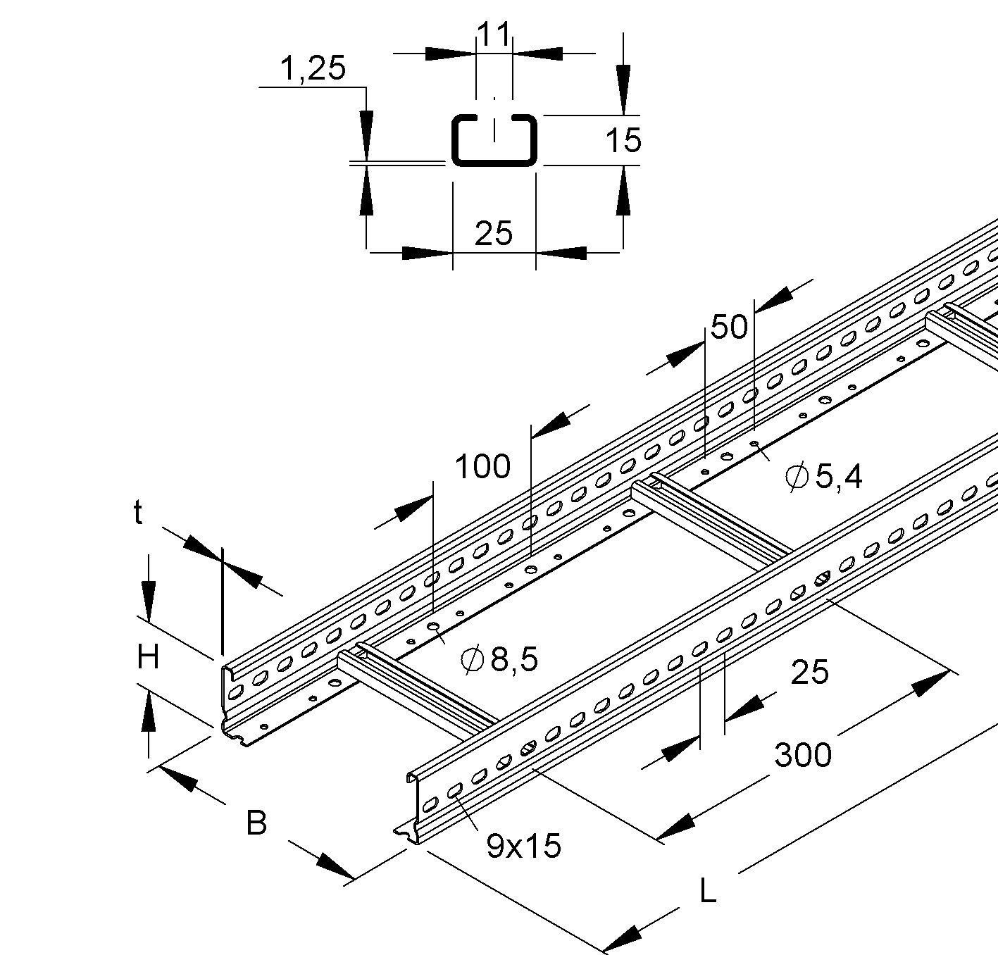 Kabelleiter 60x500x3000mm Profil 22300qmm