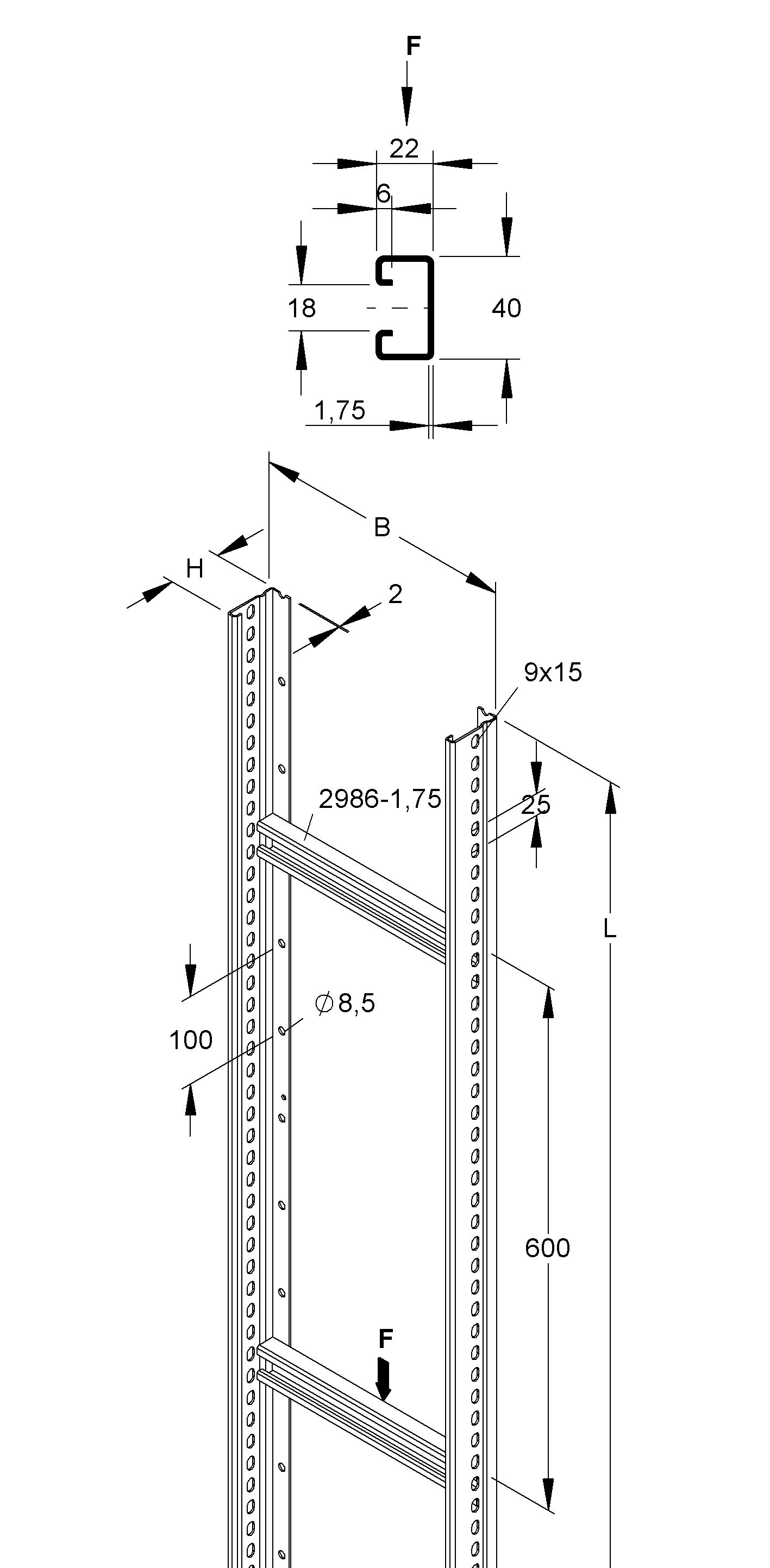Kabelleiter f/vz+besch 60x600x3000mm Profil 26800qmm