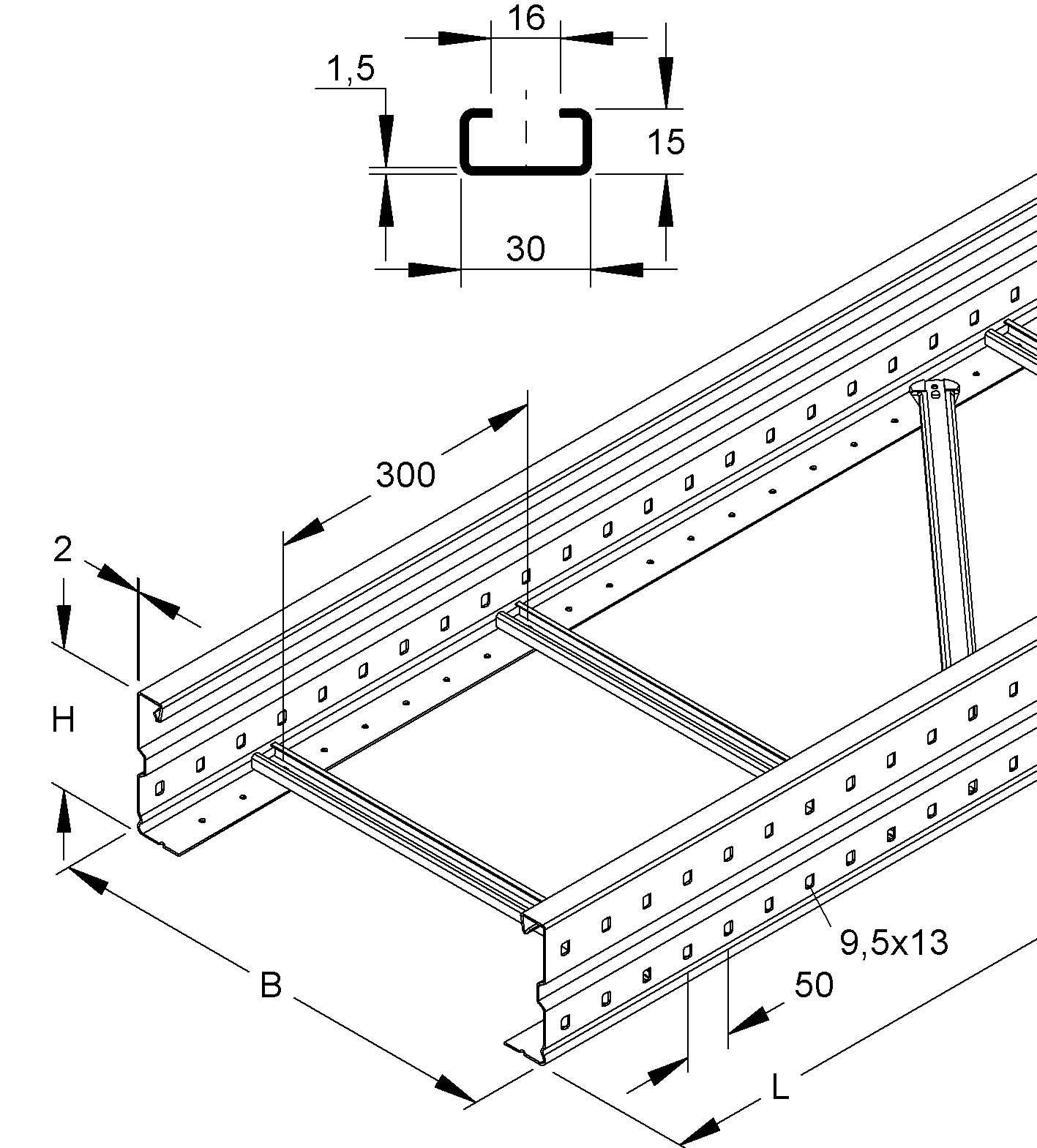 Kabelleiter f/vz 150x600x6000mm Profil Weitsp 57600qmm