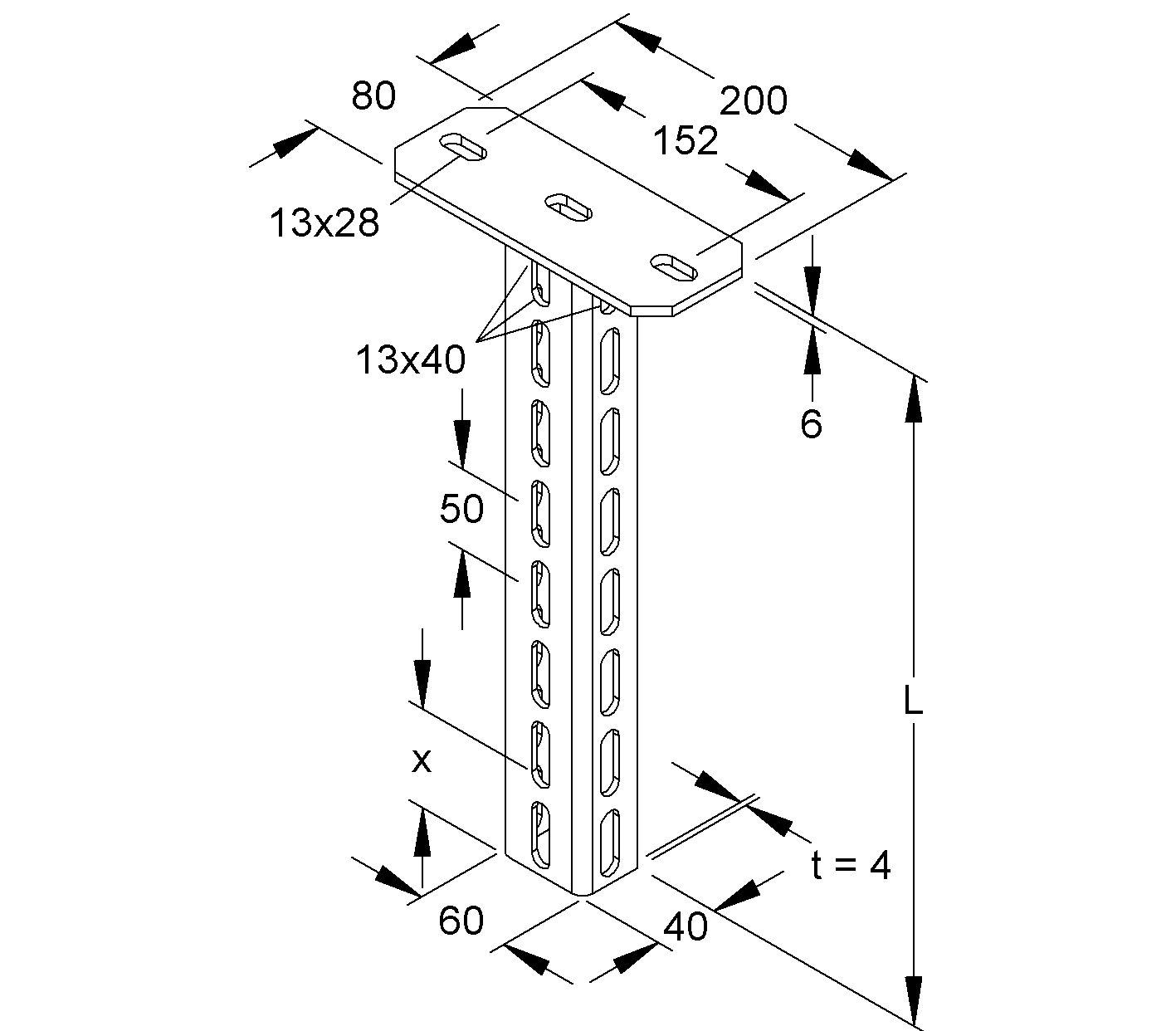 Hängestiel V2A 600mm U-Profil 6kN Edelstahl (V2A)