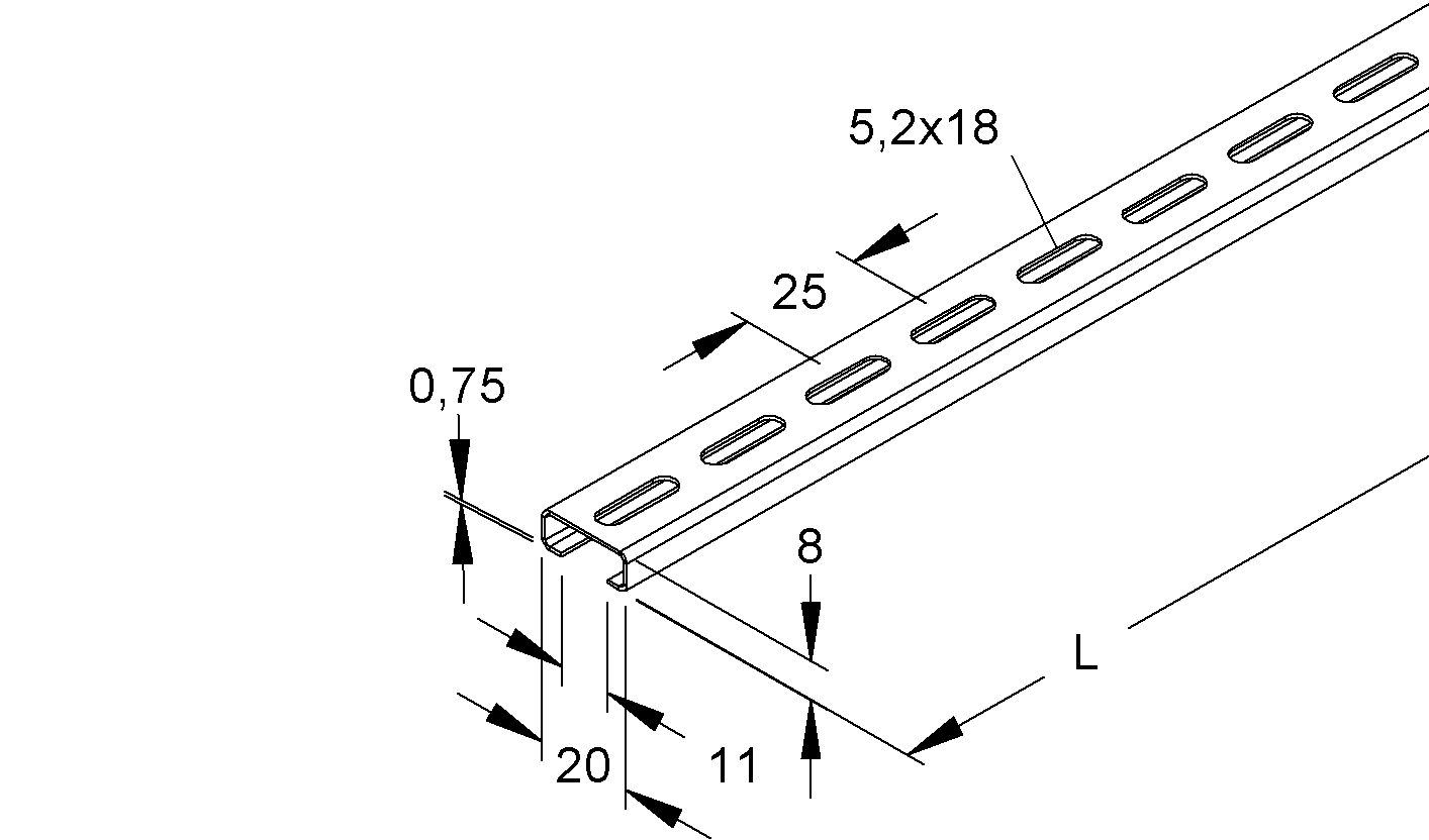 C-Profilschiene ST 2000x20x8mm 11mm D0,75mm Rück_gel