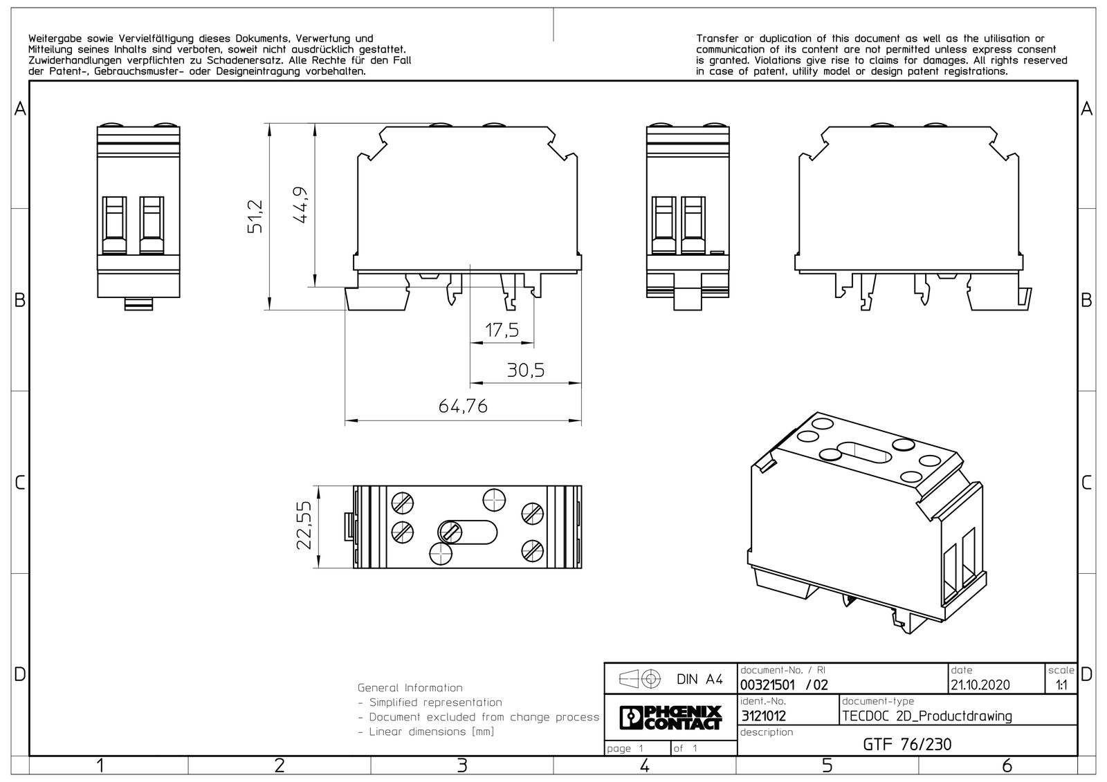Trennreihenklemme gr 0,5-10qmm 41A 1Etage