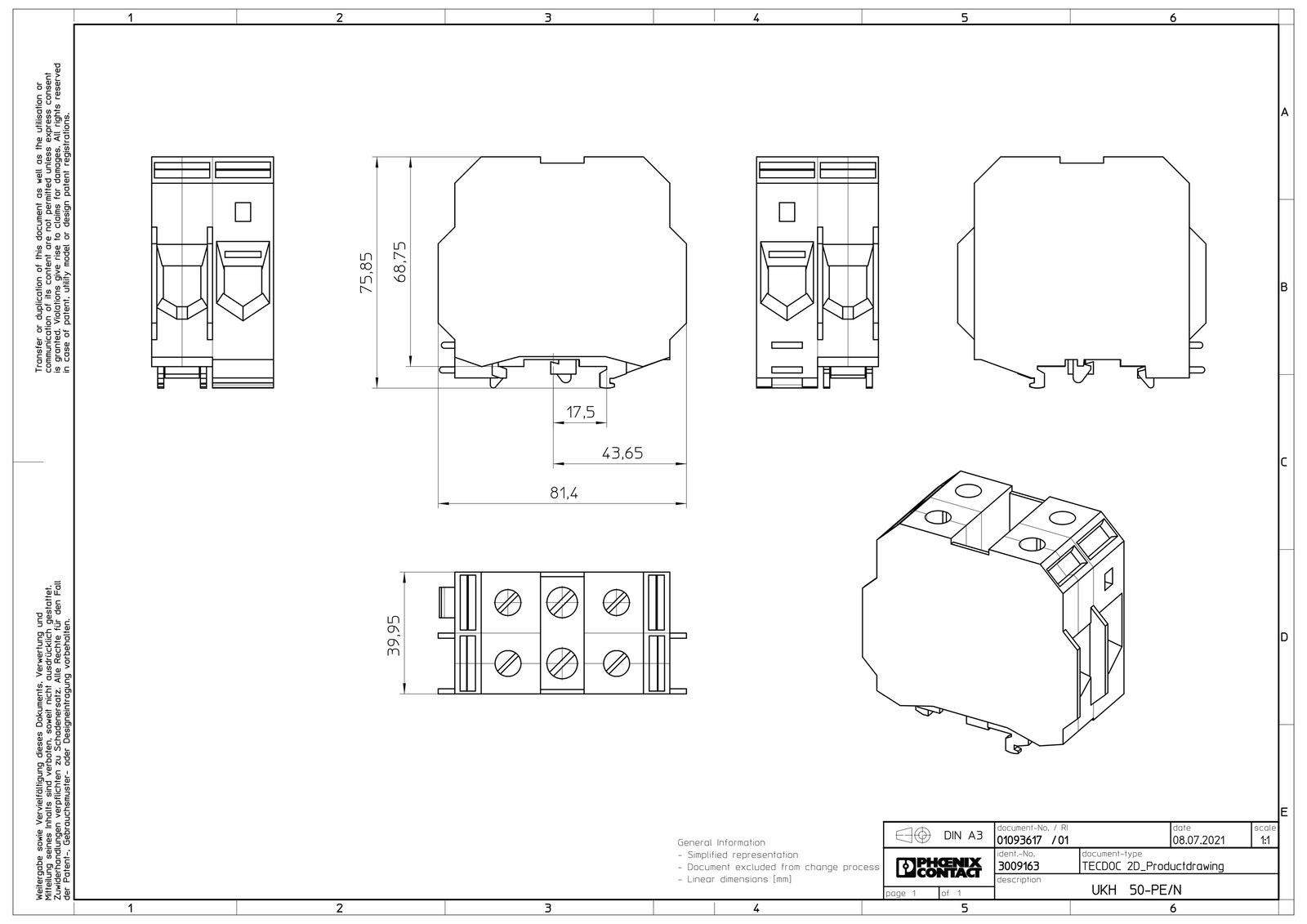 Schutzleiter-Reihenklemme 25-50qmm gn/ge 1Etage PEN-Funktion möglich