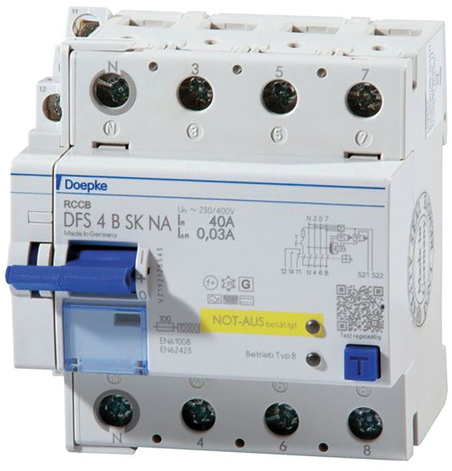 FI-Schutz mit Zusatz 4p 440V 40A 0,03A B NOT-AUS REG 4,5TE 3kA IP20