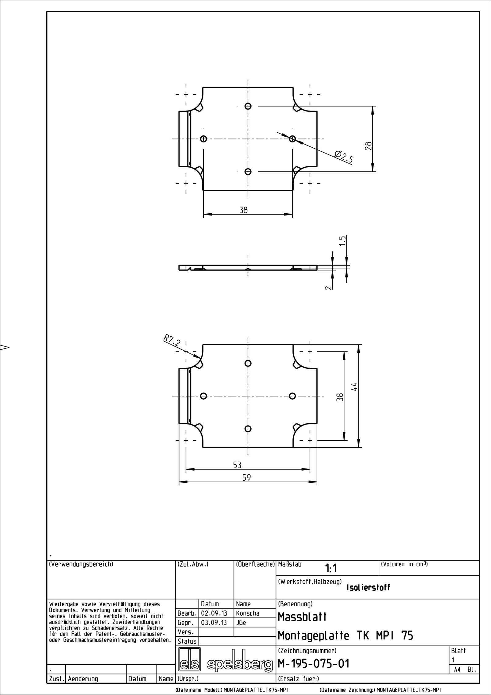 Montageplatte Verteiler Kst lack 59x44mm Lochung