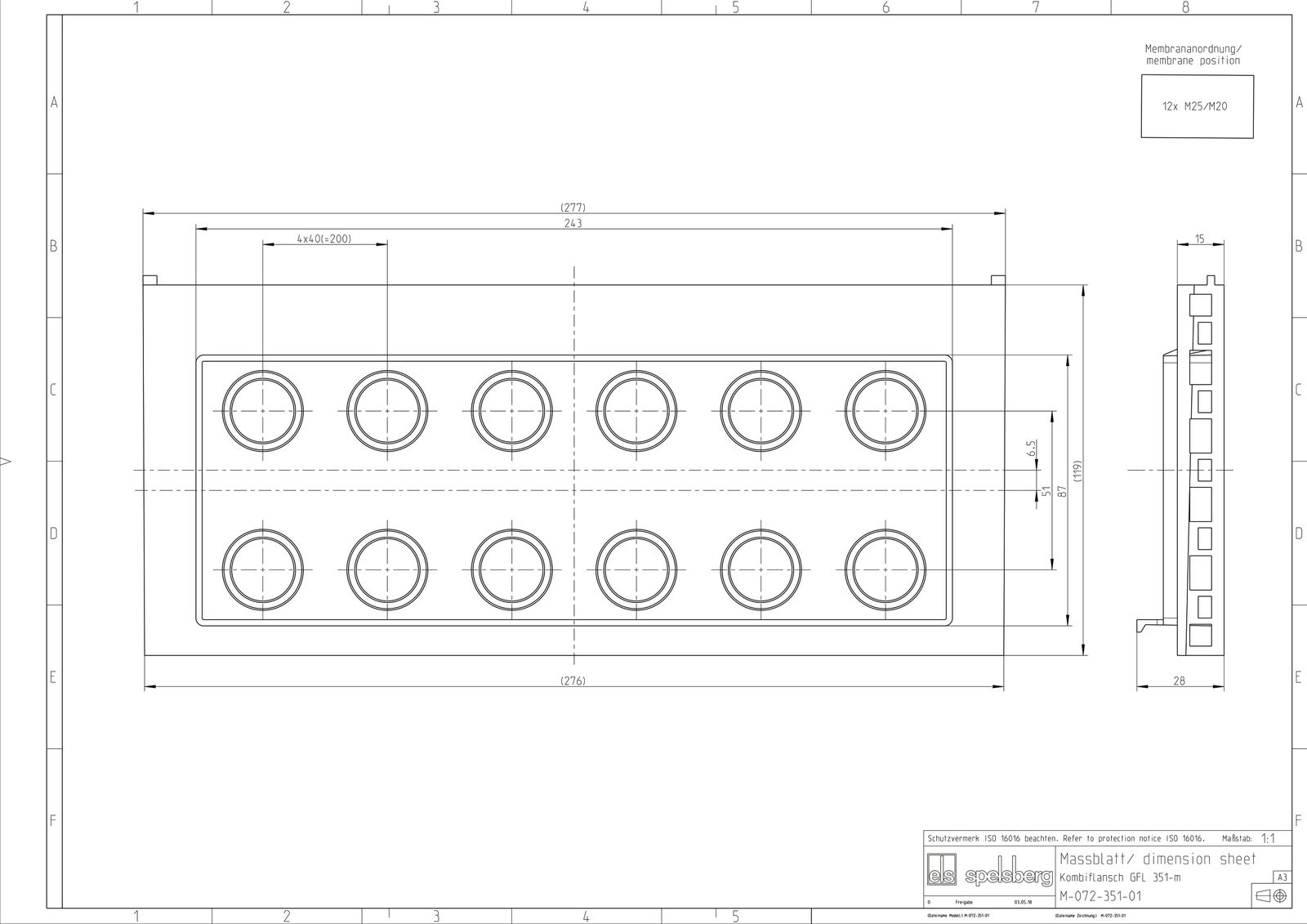 Einführungsflansch Kst 320x119mm unbeh Kabelverschr Vorprägungen