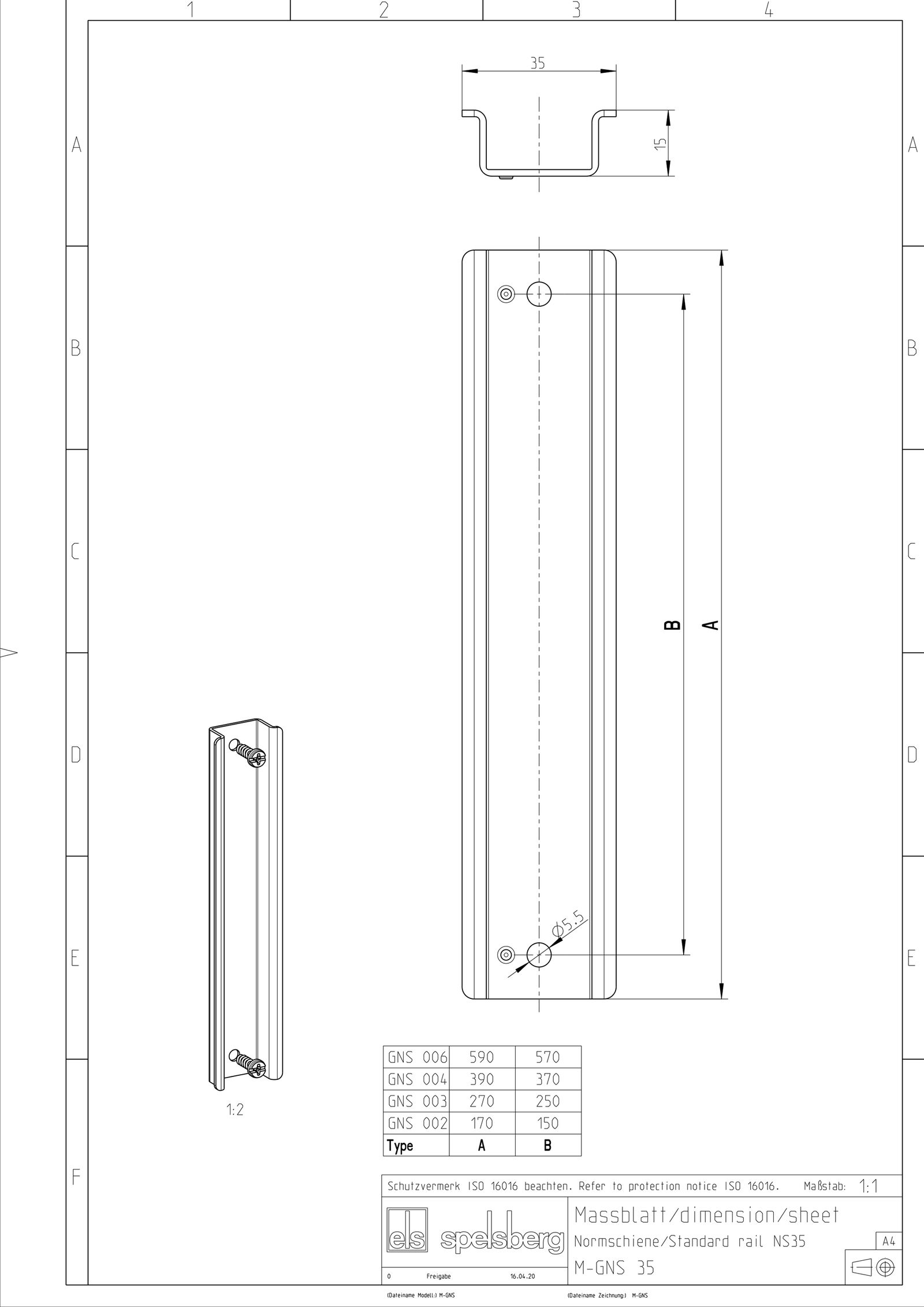 GNS 006 Normschiene Tragschien ST g/vz L590mm Hut_35/15mm Rundl