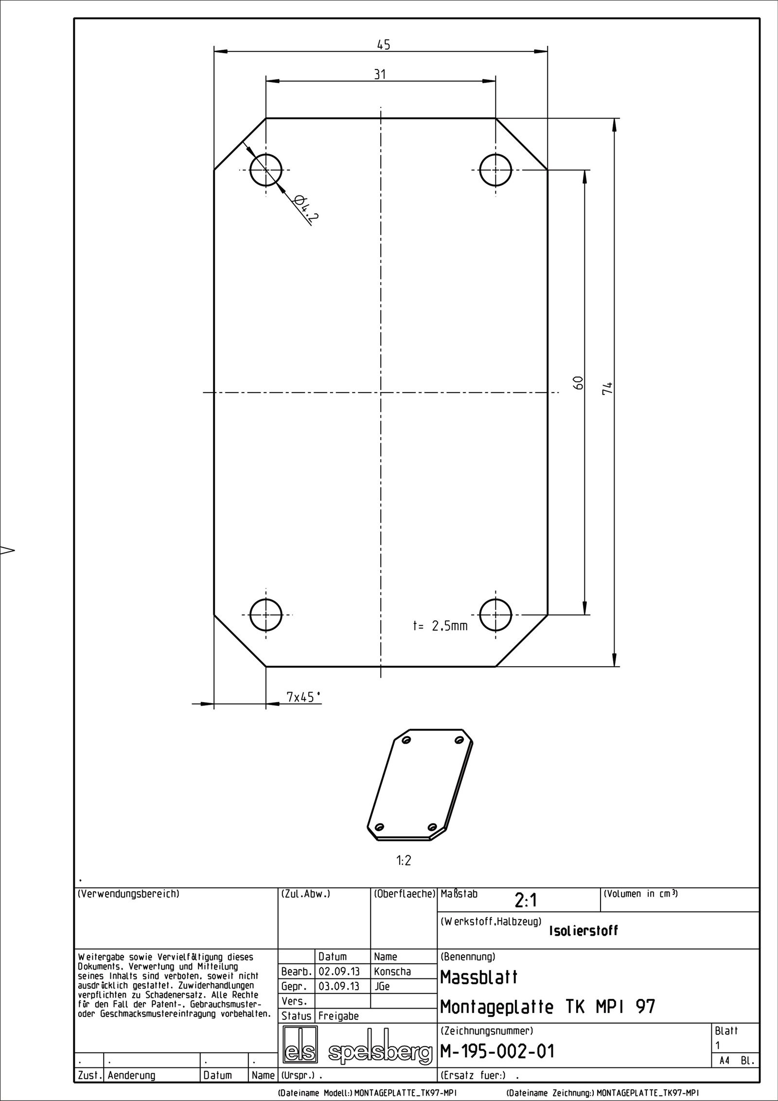 Montageplatte Verteiler Kst lack 74x45mm Lochung