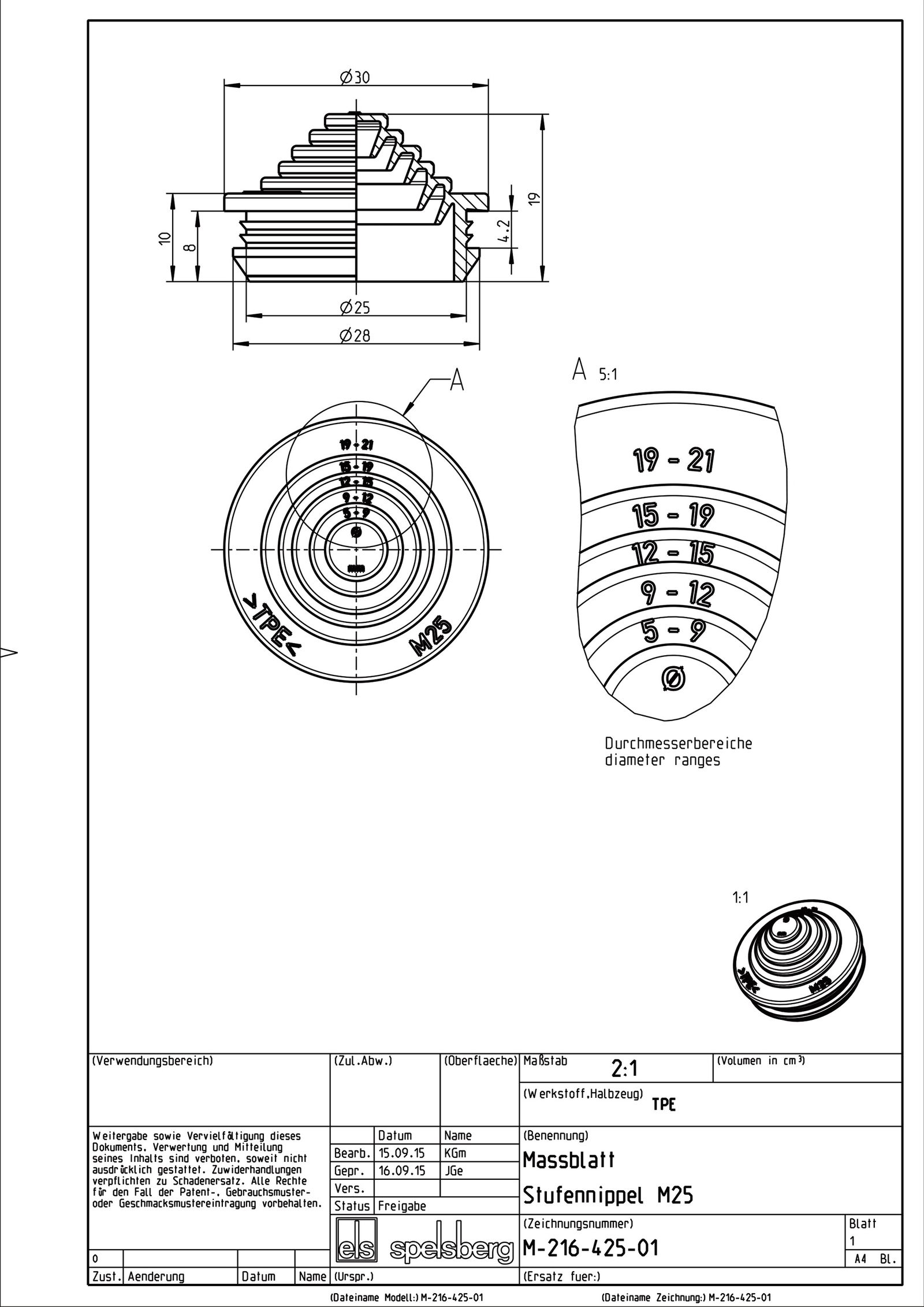 Kabeleinsteckstutzen IP55 Ø25mm 5-21mm lgr hfr abschneid