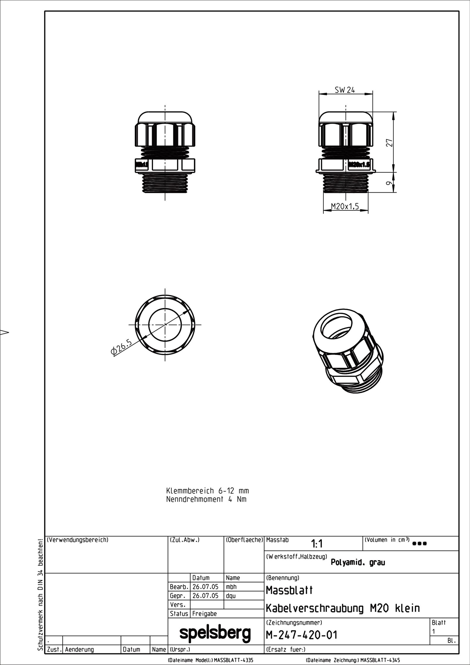 Kabelverschraubung M20 PA gr unbeh 8mm IP68 ger Polyamid (PA) m.Zugentlastung