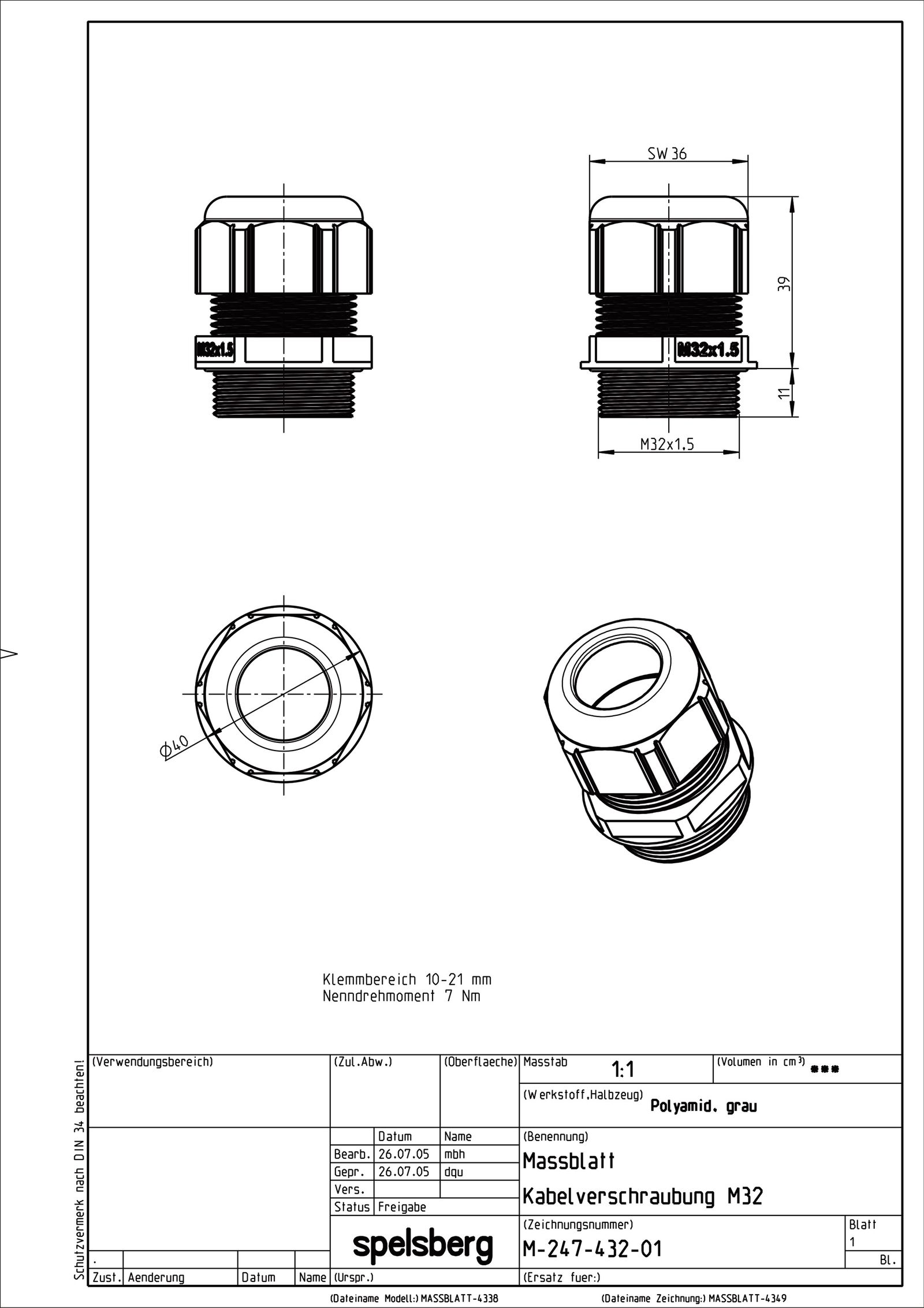 Kabelverschraubung M32 PA gr unbeh 8mm IP68 ger Polyamid (PA) m.Zugentlastung