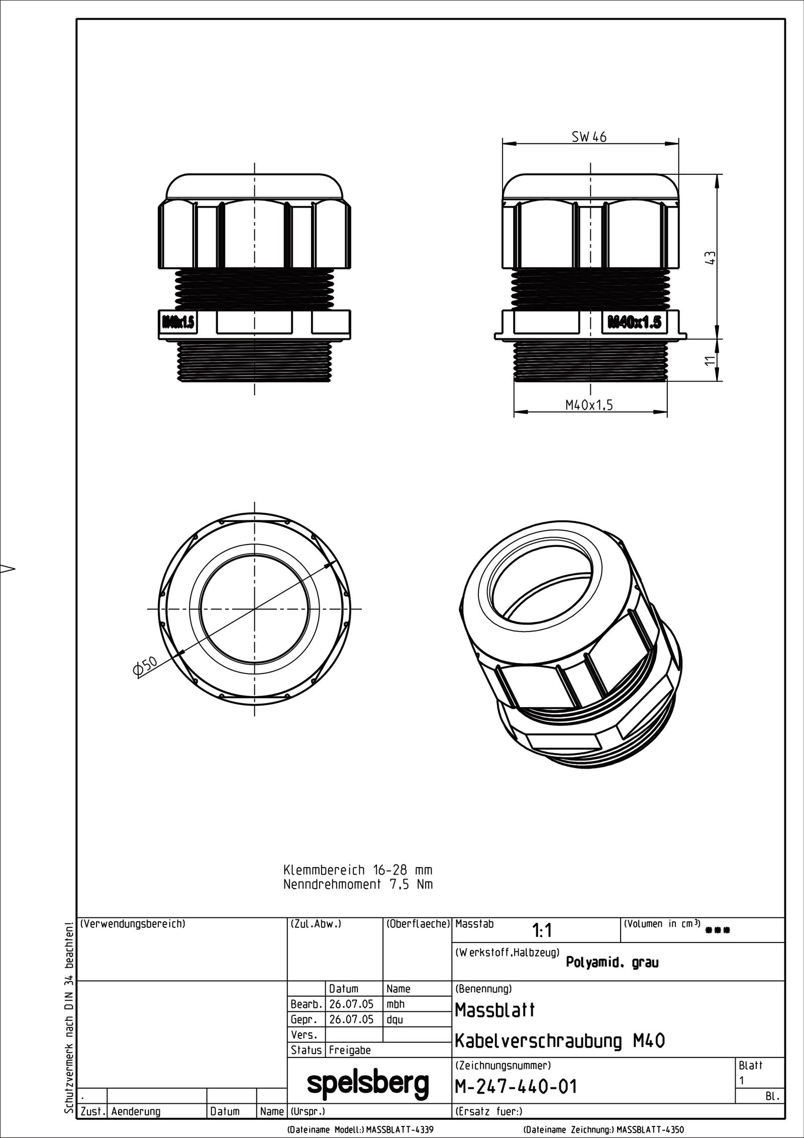 Kabelverschraubung M40 PA gr unbeh 8mm IP68 ger Polyamid (PA) m.Zugentlastung