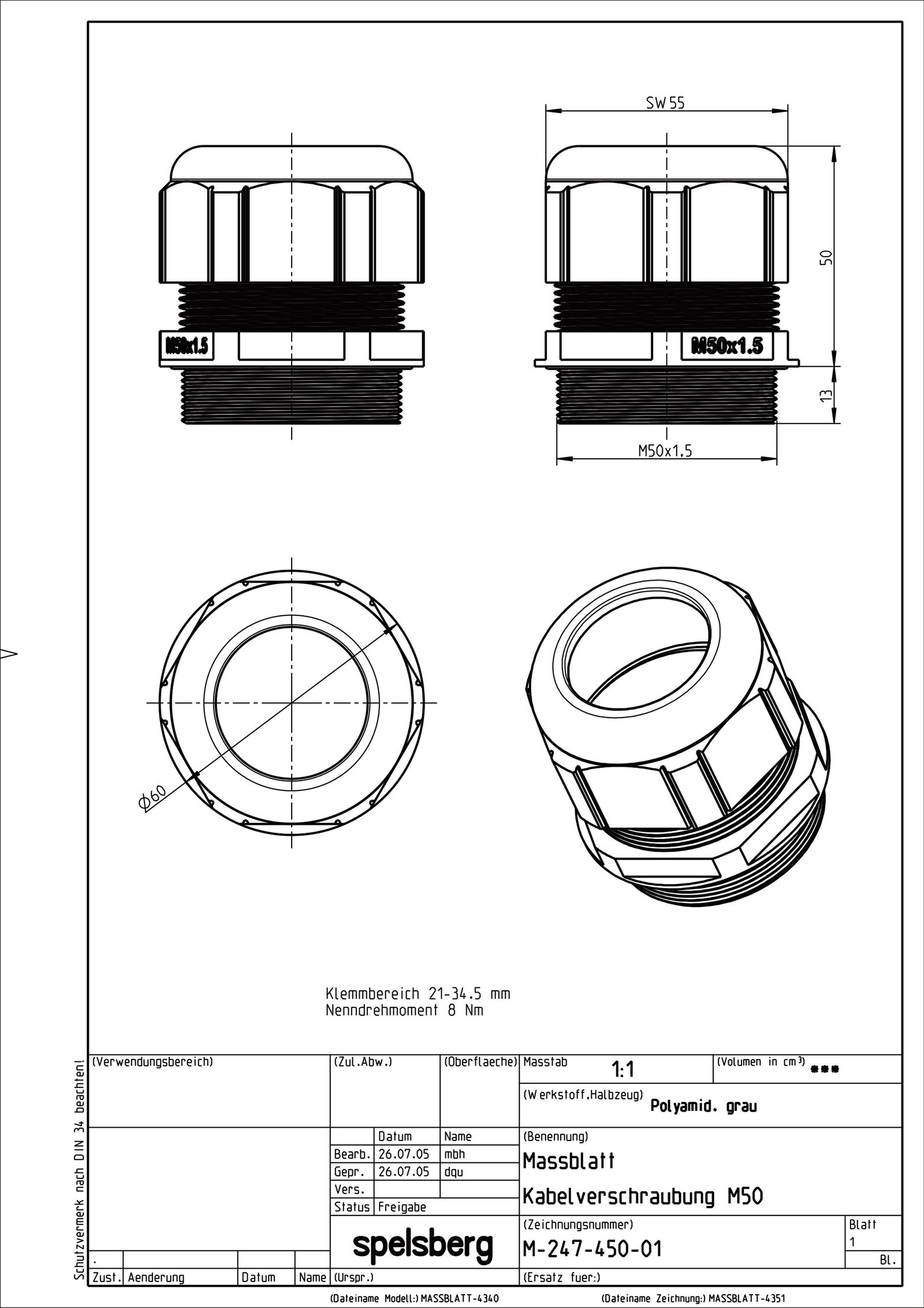 Kabelverschraubung M50 PA gr unbeh 8mm IP68 ger Polyamid (PA) m.Zugentlastung