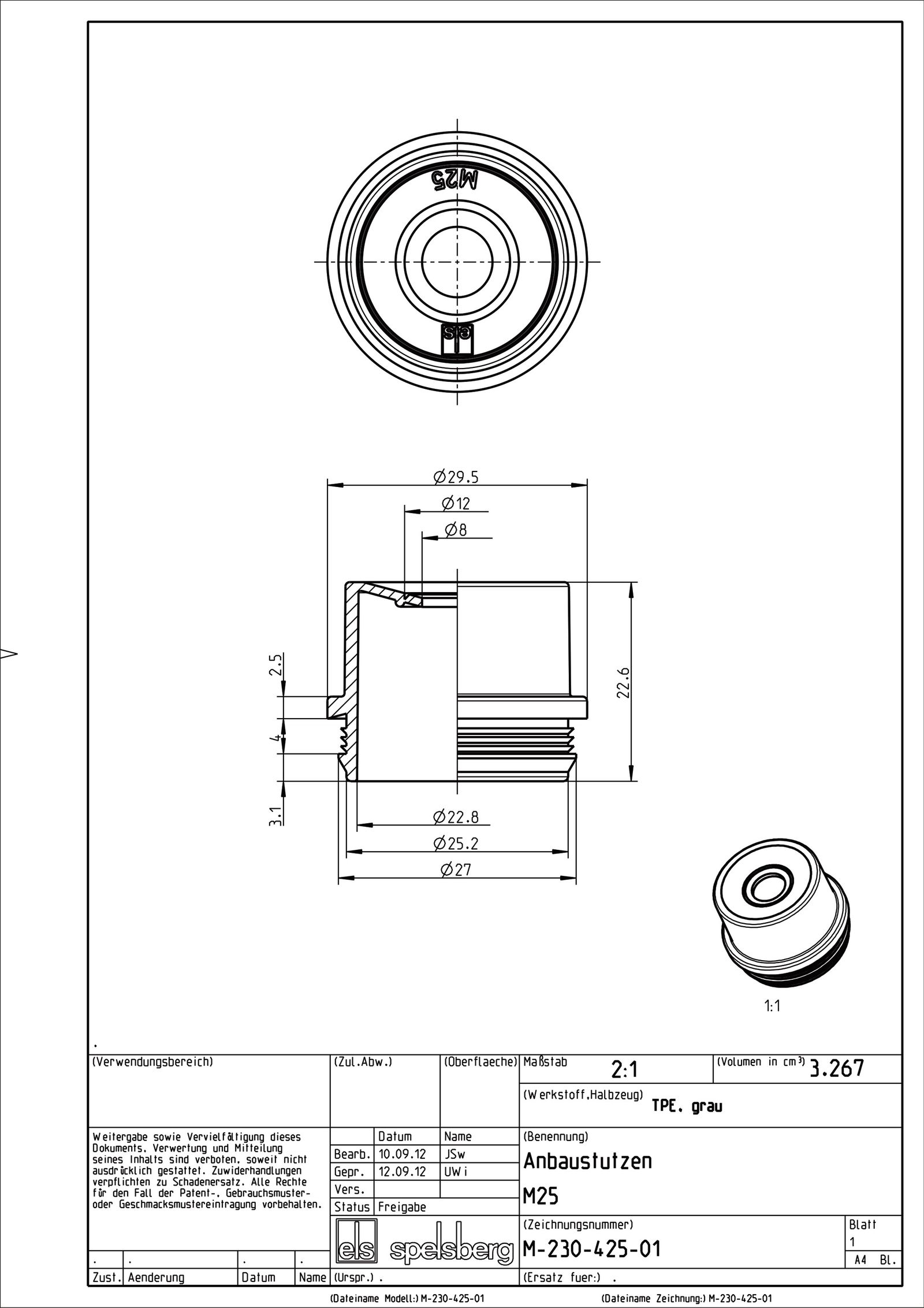 Kabeleinsteckstutzen IP54 Ø25mm 9-16mm lgr hfr offen