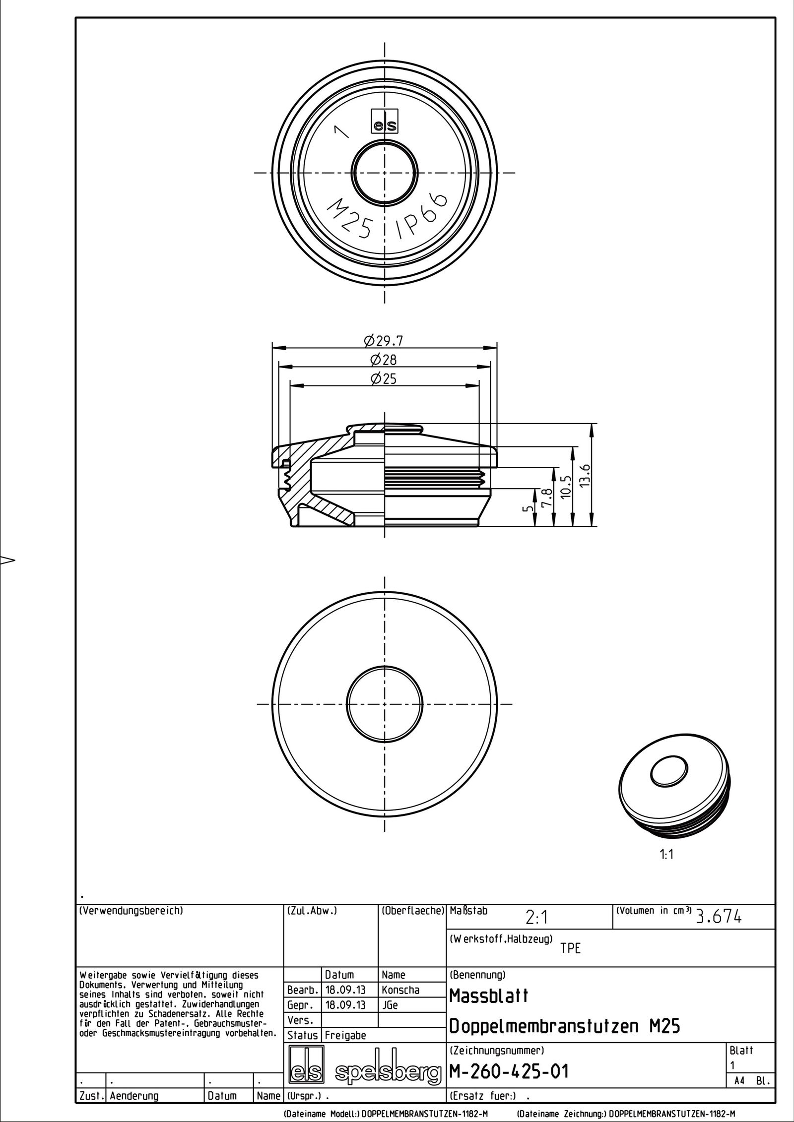 Kabeleinsteckstutzen IP66 Ø25mm 9-16mm lgr hfr geschl