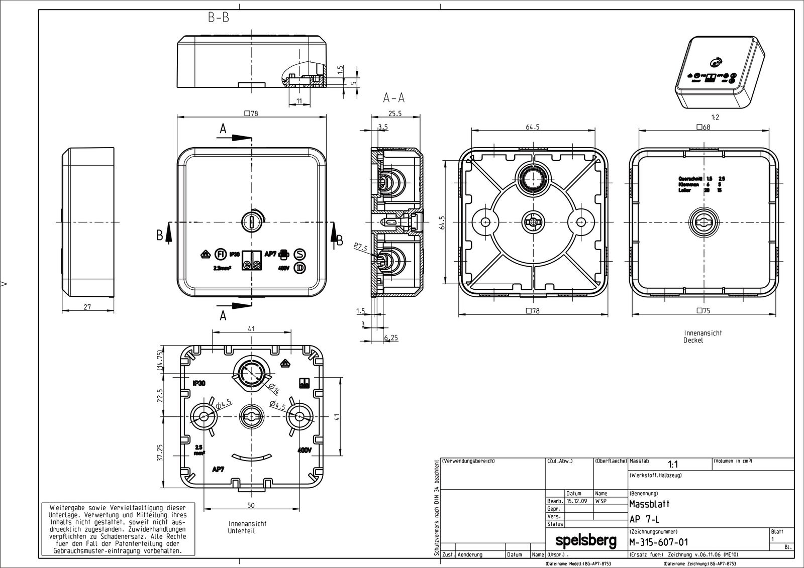 Abzweigdose IP30 2,5qmm 78x78x27mm ws Kst Wand/Decke hfr