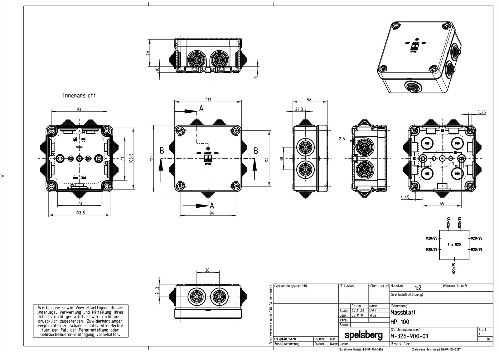 Abzweigdose IP55 10qmm Kst Wand/Decke 103,5x103,5x103,5mm gr