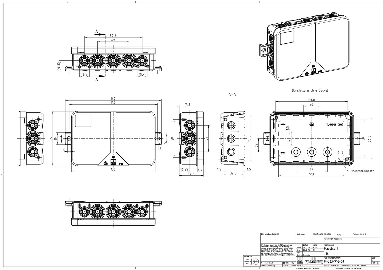Abzweigdose IP55 2,5qmm 85x130x37mm gr Kst Wand/Decke hfr