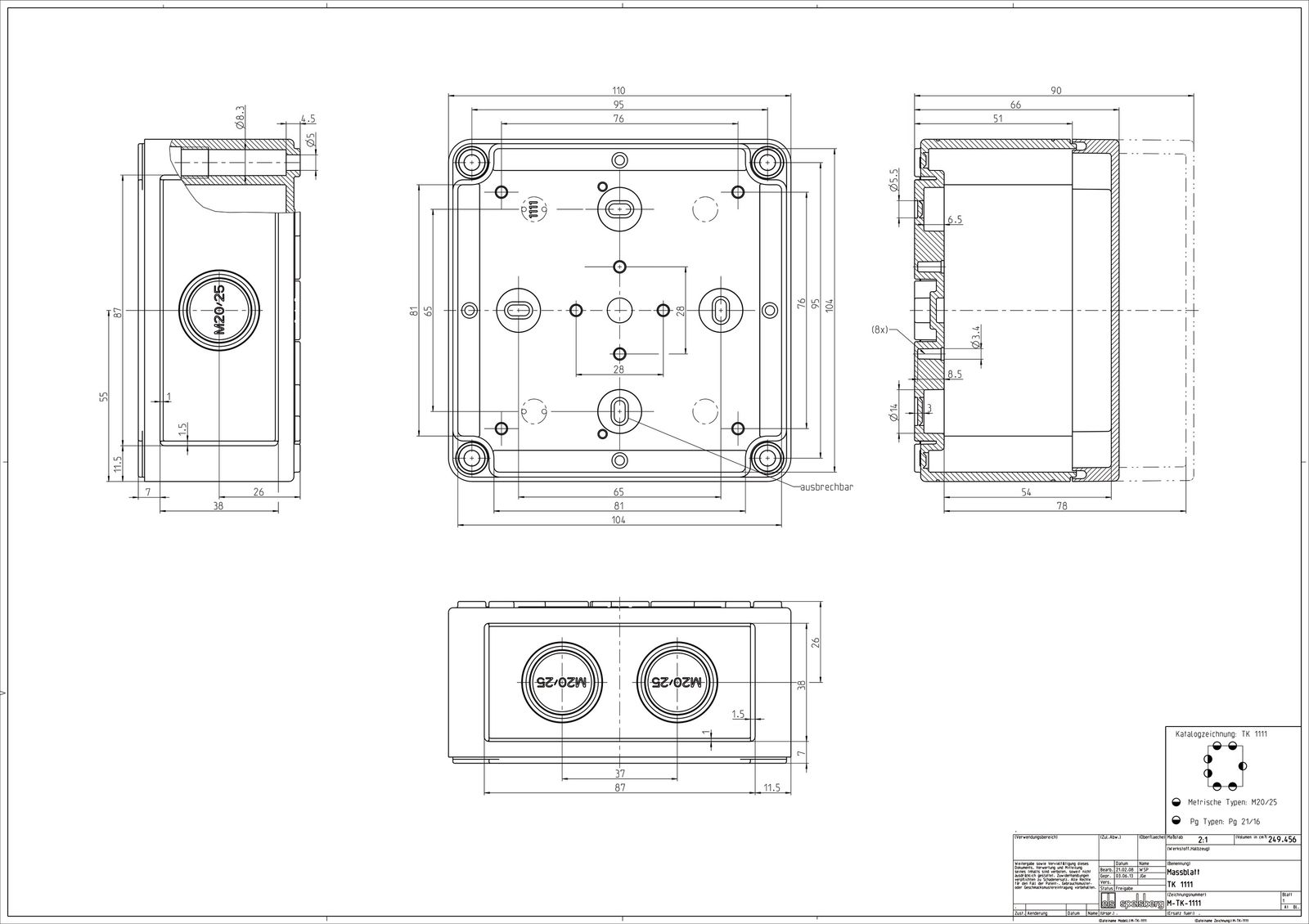 Abzweigdose IP66 110x110x90mm gr Kst hfr Tragschien Wand/Decke